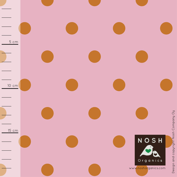 Polka Dots Organic Cotton Lycra Knit Fabric by Nosh Organics, Pink/Orange Colorway