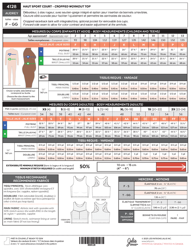 Audrey Cropped Workout Top Sewing Pattern by Jalie