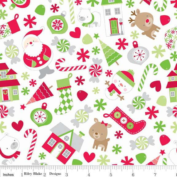 Holidays Main White Cotton Lycra Knit Fabric by Riley Blake
