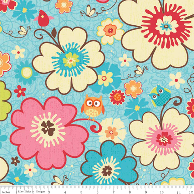 Happy Flappers Main on Blue Cotton Lycra Knit Fabric by Riley Blake