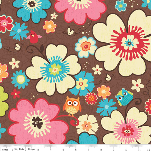 Happy Flappers Main on Brown Cotton Lycra Knit Fabric by Riley Blake