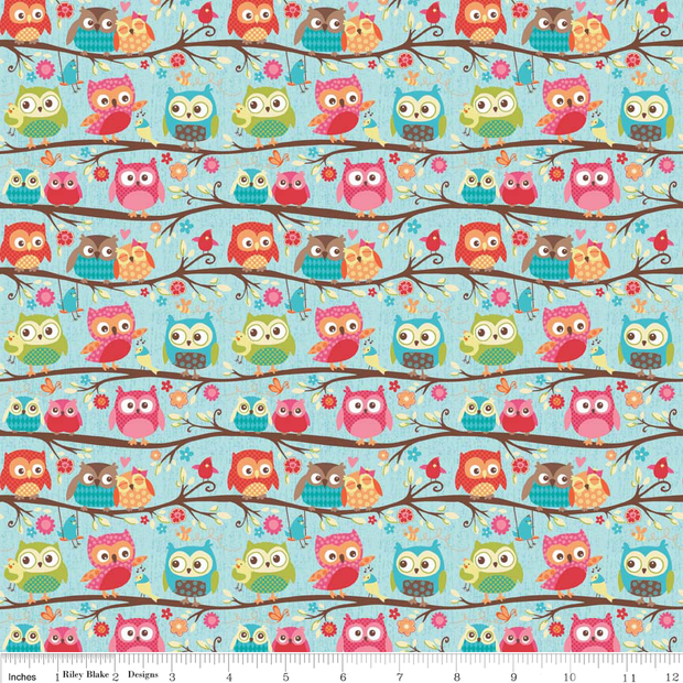 Happy Flappers on Blue Cotton Lycra Knit Fabric by Riley Blake