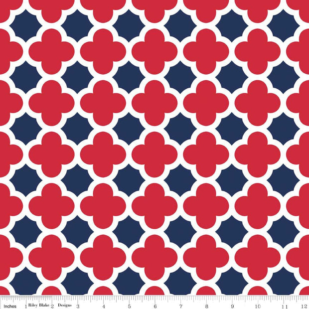 Quatrefoil Red/Navy Cotton Lycra Knit Fabric by Riley Blake - 33" Remnant