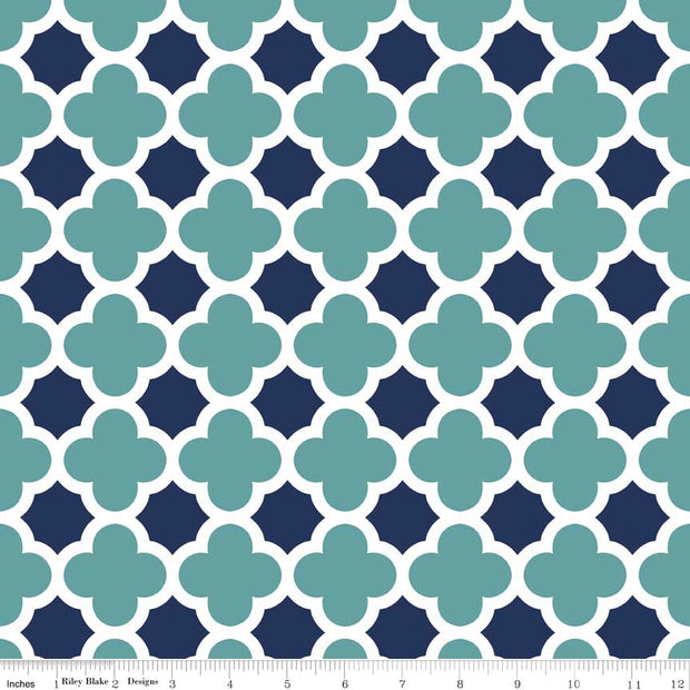 Quatrefoil Teal/Navy Cotton Lycra Knit Fabric by Riley Blake