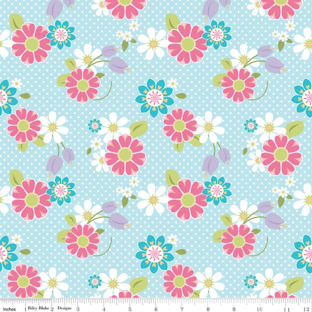 Dream and a Wish Floral Blue Cotton Lycra Knit Fabric by Riley Blake