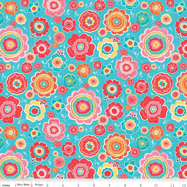Tree Party Floral Blue Cotton Lycra Knit Fabric by Riley Blake
