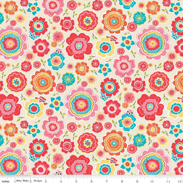 Tree Party Floral Cream Cotton Lycra Knit Fabric by Riley Blake