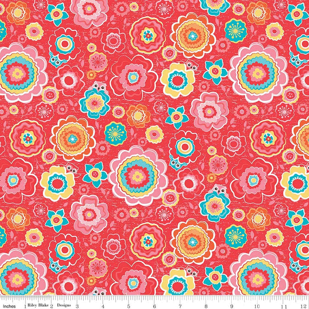 Tree Party Floral Red Cotton Lycra Knit Fabric by Riley Blake