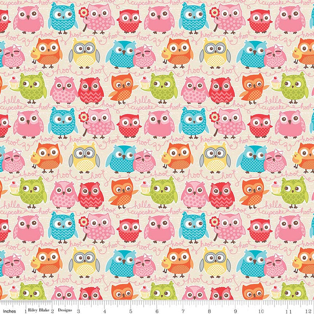 Tree Party Owls Cream Cotton Lycra Knit Fabric by Riley Blake