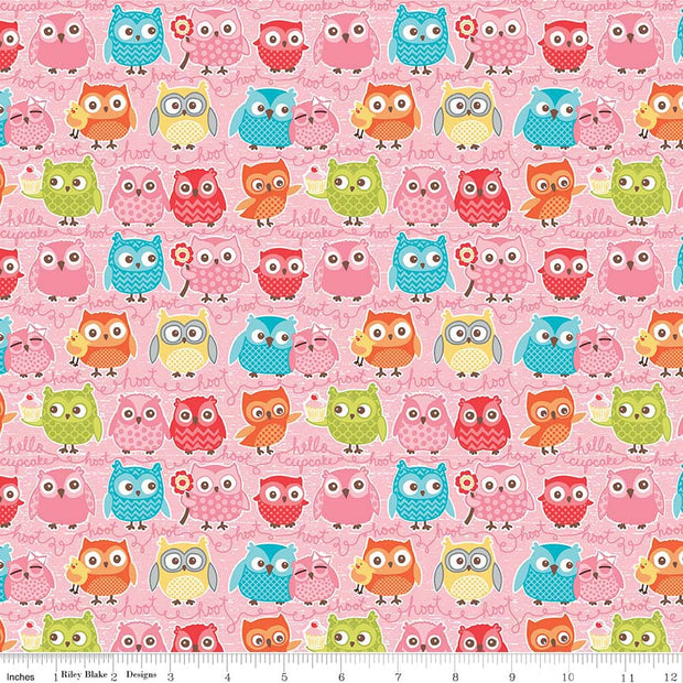 Tree Party Owls Pink Cotton Lycra Knit Fabric by Riley Blake