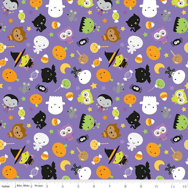 Ghouls and Goodies Main Purple Cotton Lycra Knit Fabric by Riley Blake - Seconds