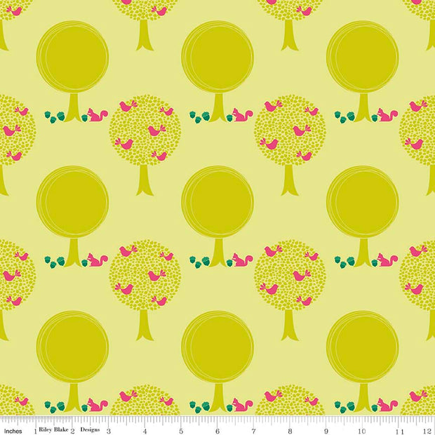 Acorn Valley Forest Citron Cotton Lycra Knit Fabric by Riley Blake - 22" Remnant