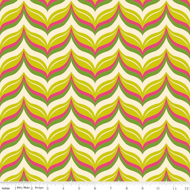 Acorn Valley Leafy Chevron Citron Cotton Lycra Knit Fabric by Riley Blake