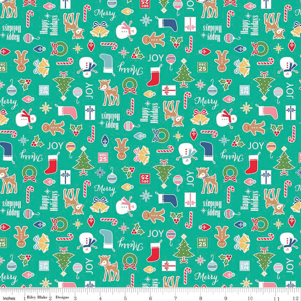 Cozy Christmas Main Teal Cotton Lycra Knit Fabric by Riley Blake