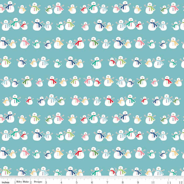 Cozy Christmas Snowmen Blue Cotton Lycra Knit Fabric by Riley Blake