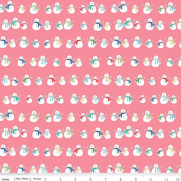 Cozy Christmas Snowmen Pink Cotton Lycra Knit Fabric by Riley Blake