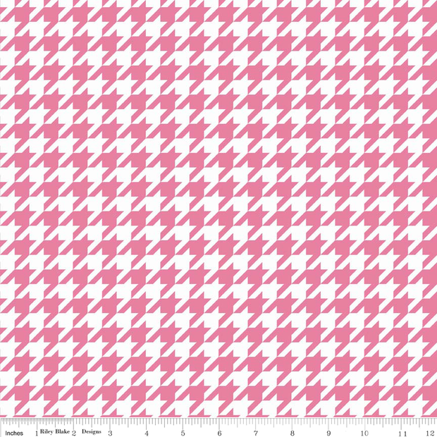 Pink Houndstooth on White Cotton Lycra Knit Fabric by Riley Blake