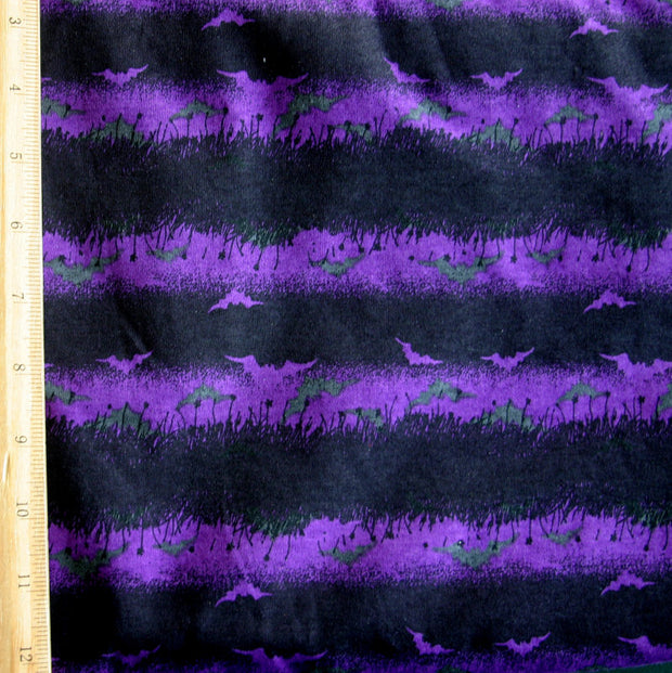 Purple and Black Stripes with Bats Cotton Knit Fabric