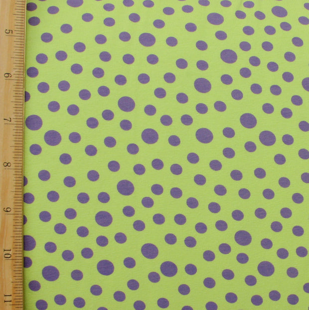 Purple Mini Bubble Dots on Lime Cotton Lycra Knit Fabric - 19" Remnant Piece