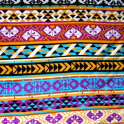 Purple, Gold, Tuquoise, and Rust Aztec Stripes Cotton Lycra French Terry Fabric