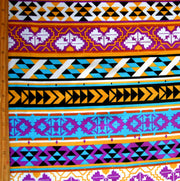 Purple, Gold, Tuquoise, and Rust Aztec Stripes Cotton Lycra French Terry Fabric