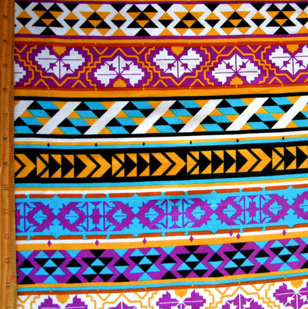 Purple, Gold, Tuquoise, and Rust Aztec Stripes Cotton Lycra French Terry Fabric