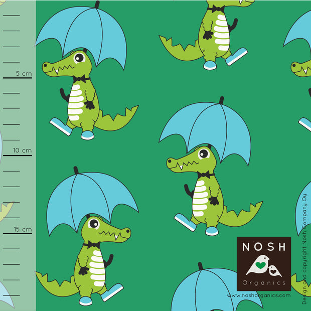 Rainy Day Organic Cotton Lycra Knit Fabric by Nosh Organics, Croco Green Colorway