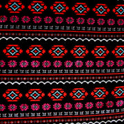 Red, Aqua, and Magenta Aztec on Black Cotton Lycra Knit Fabric