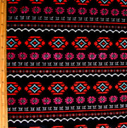 Red, Aqua, and Magenta Aztec on Black Cotton Lycra Knit Fabric