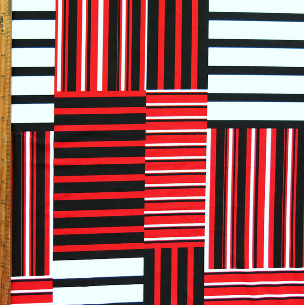 Red, Black, and White Stripe Squares Nylon Spandex Swimsuit Fabric