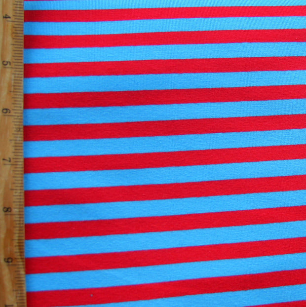 Turquoise Blue and Red 3/8" wide Stripe Cotton Lycra Knit Fabric