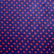 Red Eraser Polka Dots on Navy Rayon Lycra Knit Fabric