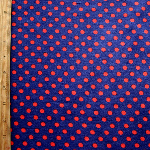 Red Eraser Polka Dots on Navy Rayon Lycra Knit Fabric