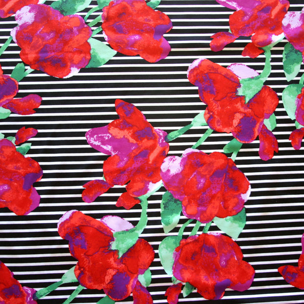 Red/Fuschia Flowers on Black and White Stripe Nylon Lycra Swimsuit Fabric