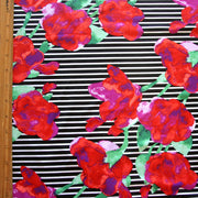 Red/Fuschia Flowers on Black and White Stripe Nylon Lycra Swimsuit Fabric