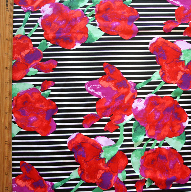 Red/Fuschia Flowers on Black and White Stripe Nylon Lycra Swimsuit Fabric