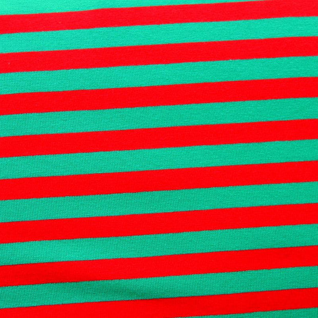 Red and Green 3/8" Stripe Cotton Lycra Knit Fabric - 20" Remnant