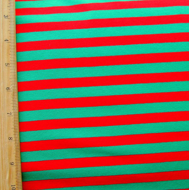Red and Green 3/8" Stripe Cotton Lycra Knit Fabric - 20" Remnant