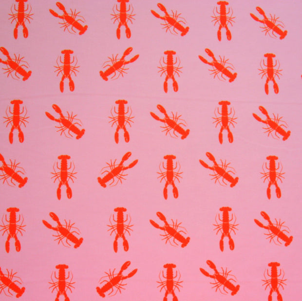 Red Lobsters on Pink Nylon Lycra Swimsuit Fabric