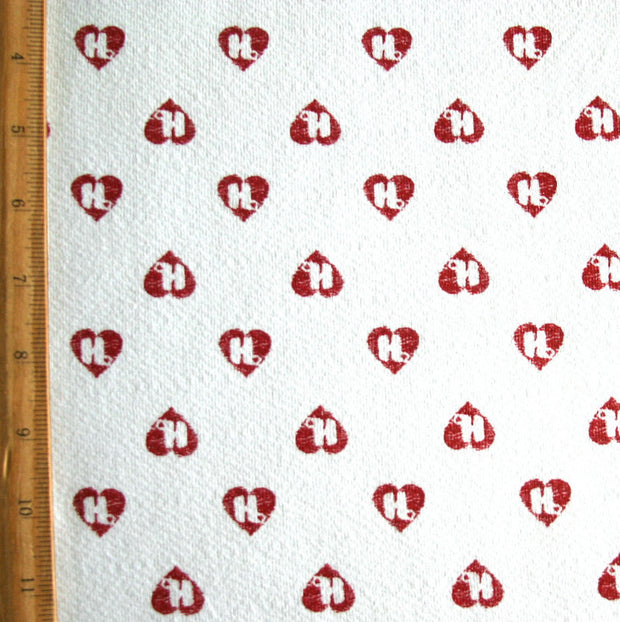 Red Mini HJ Hearts on White Cotton Fleece Fabric