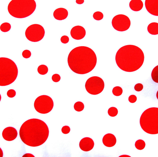 Red Multidots on White Cotton Lycra Knit Fabric