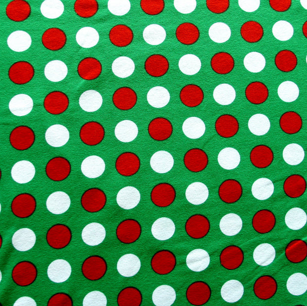Red/White Christmas Polka Dot on Green Cotton Lycra Knit Fabric