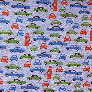 Retro Cars and Pumps on Heathered Grey Cotton Knit Fabric