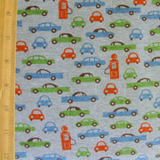 Retro Cars and Pumps on Heathered Grey Cotton Knit Fabric