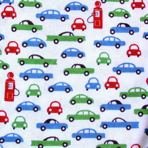 Retro Cars and Pumps on White Cotton Knit Fabric