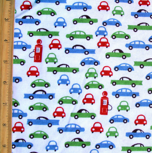 Retro Cars and Pumps on White Cotton Knit Fabric