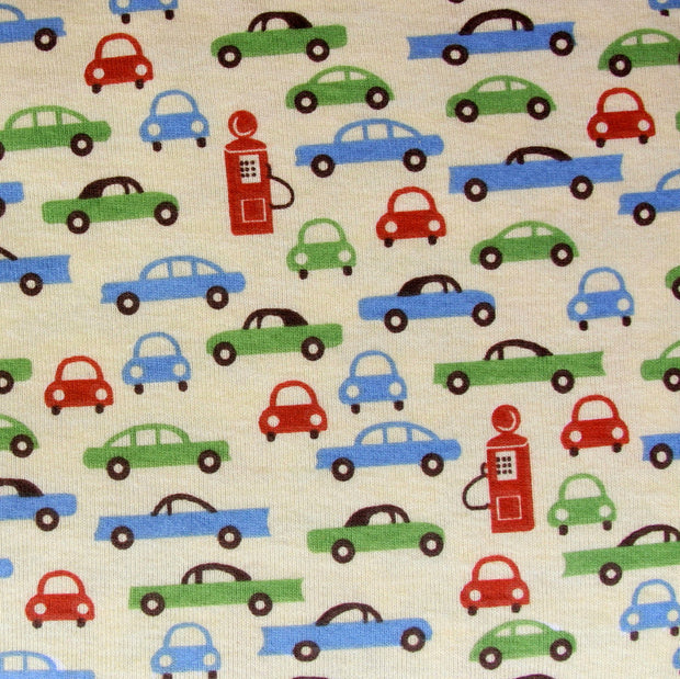 Retro Cars and Pumps on Yellow Cotton Knit Fabric - 15 Yard Bolt