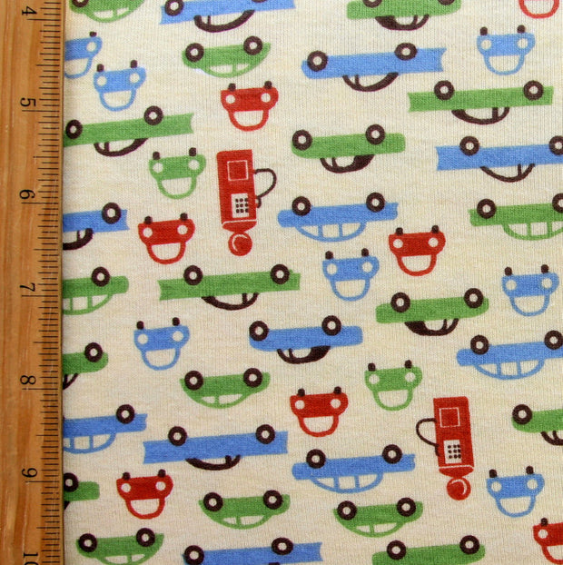 Retro Cars and Pumps on Yellow Cotton Knit Fabric - 15 Yard Bolt