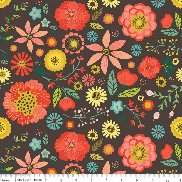 Roots Main Floral Brown Cotton Lycra Knit Fabric by Riley Blake