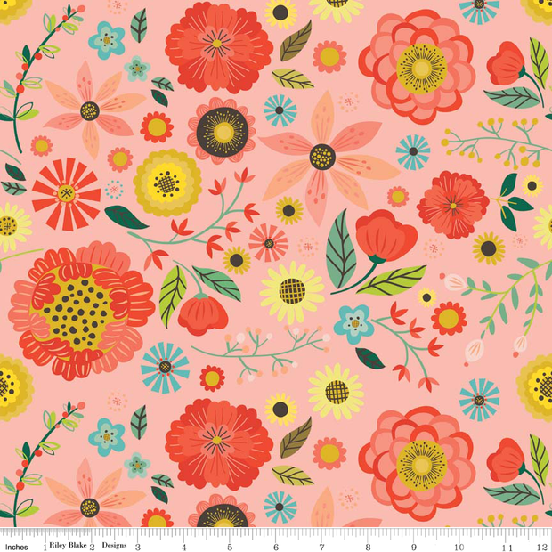 Roots Main Floral Coral Cotton Lycra Knit Fabric by Riley Blake